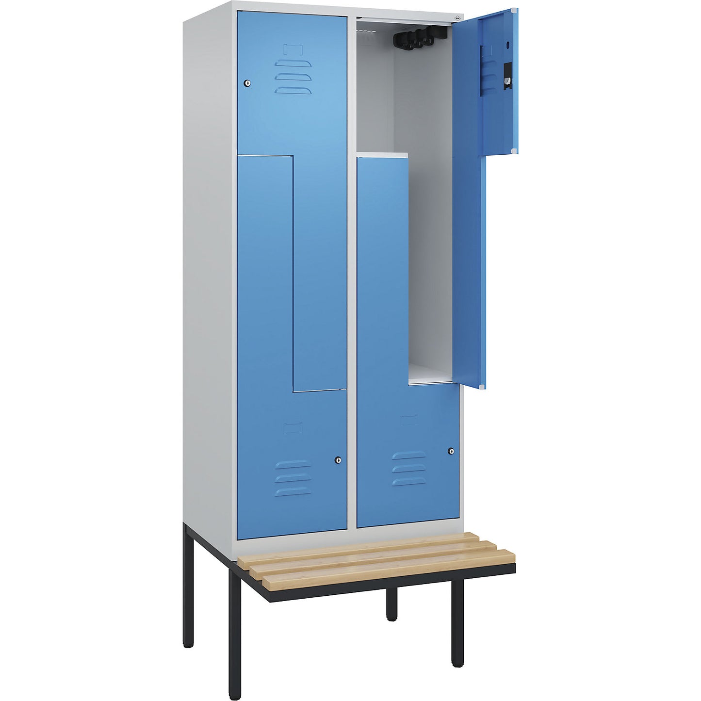Classic PLUS bench seat Z locker, 2 compartments, light grey/light blue, W 800 mm, cylinder lock, cantilevered, beech hardwood.