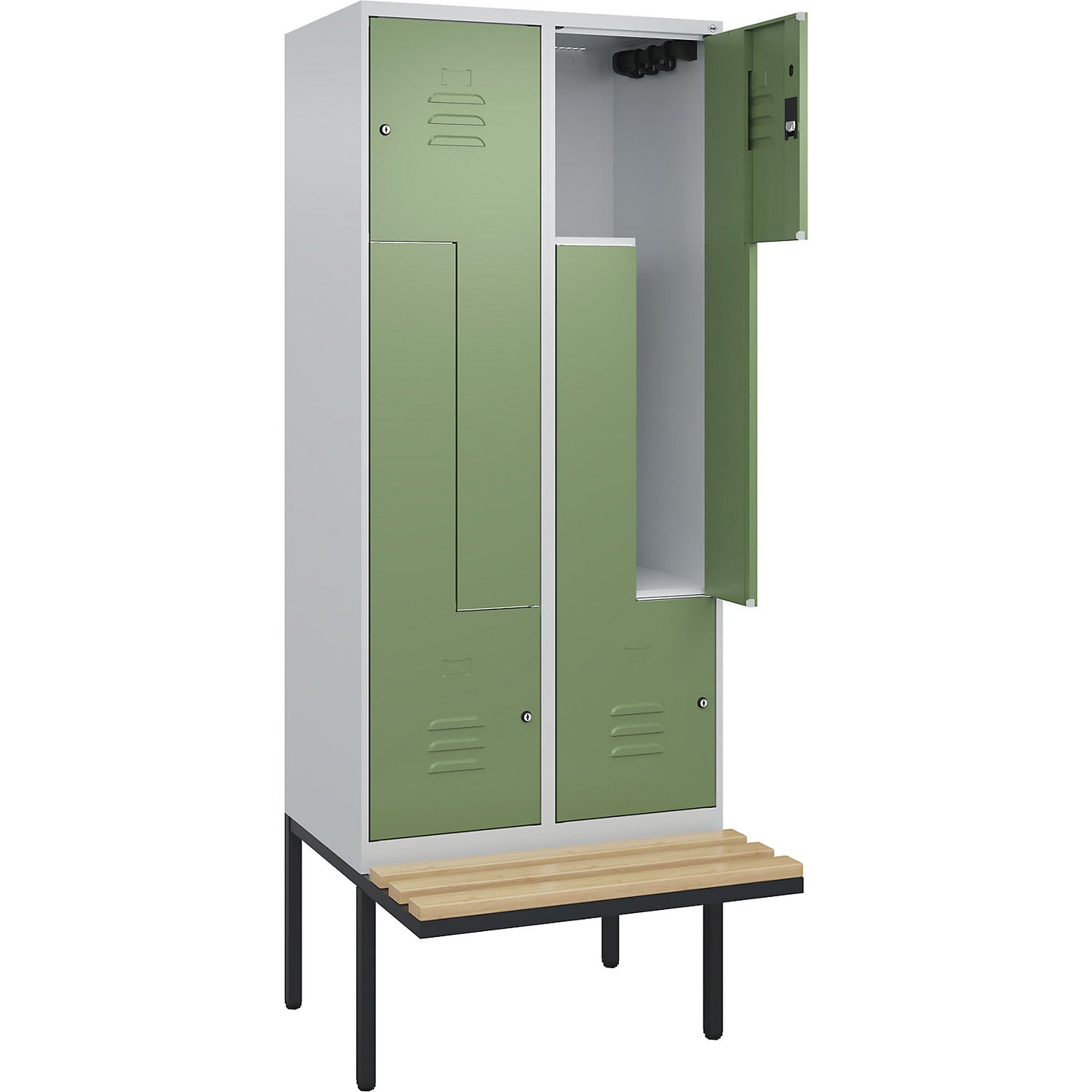 Classic PLUS bench seat Z locker, 2 compartments, light grey/reseda green, W 800 mm, cylinder lock, cantilevered, beech hardwood.