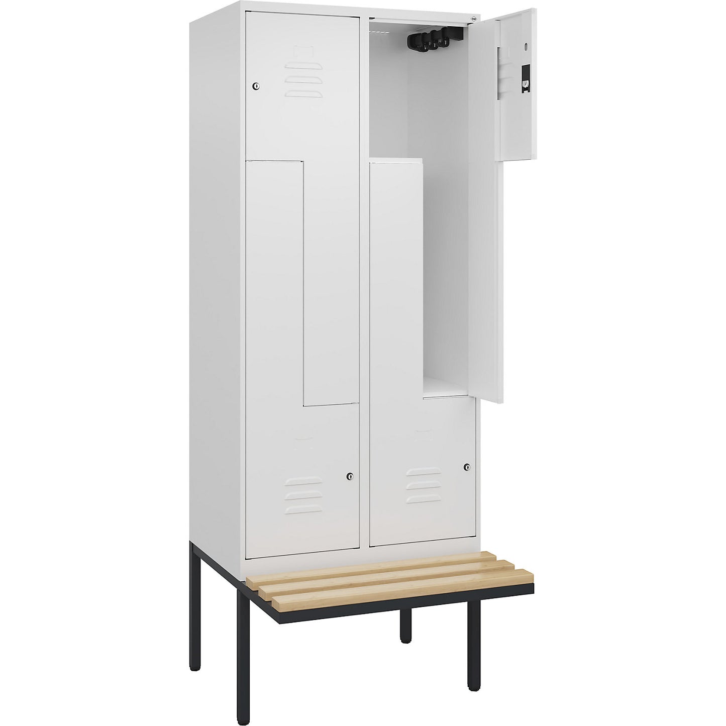 Classic PLUS bench seat Z locker, 2 compartments, traffic white, W 800 mm, cylinder lock, cantilevered, beech hardwood.