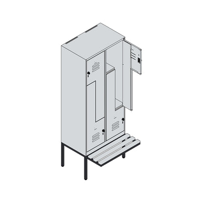 Classic PLUS bench seat Z locker, 2 compartments, traffic white, W 800 mm, security rotary bolt, cantilevered, beech hardwood.