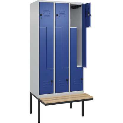 Classic PLUS bench seat Z locker, 3 compartments, light grey/gentian blue, W 900 mm, security rotary bolt, cantilevered, beech hardwood.