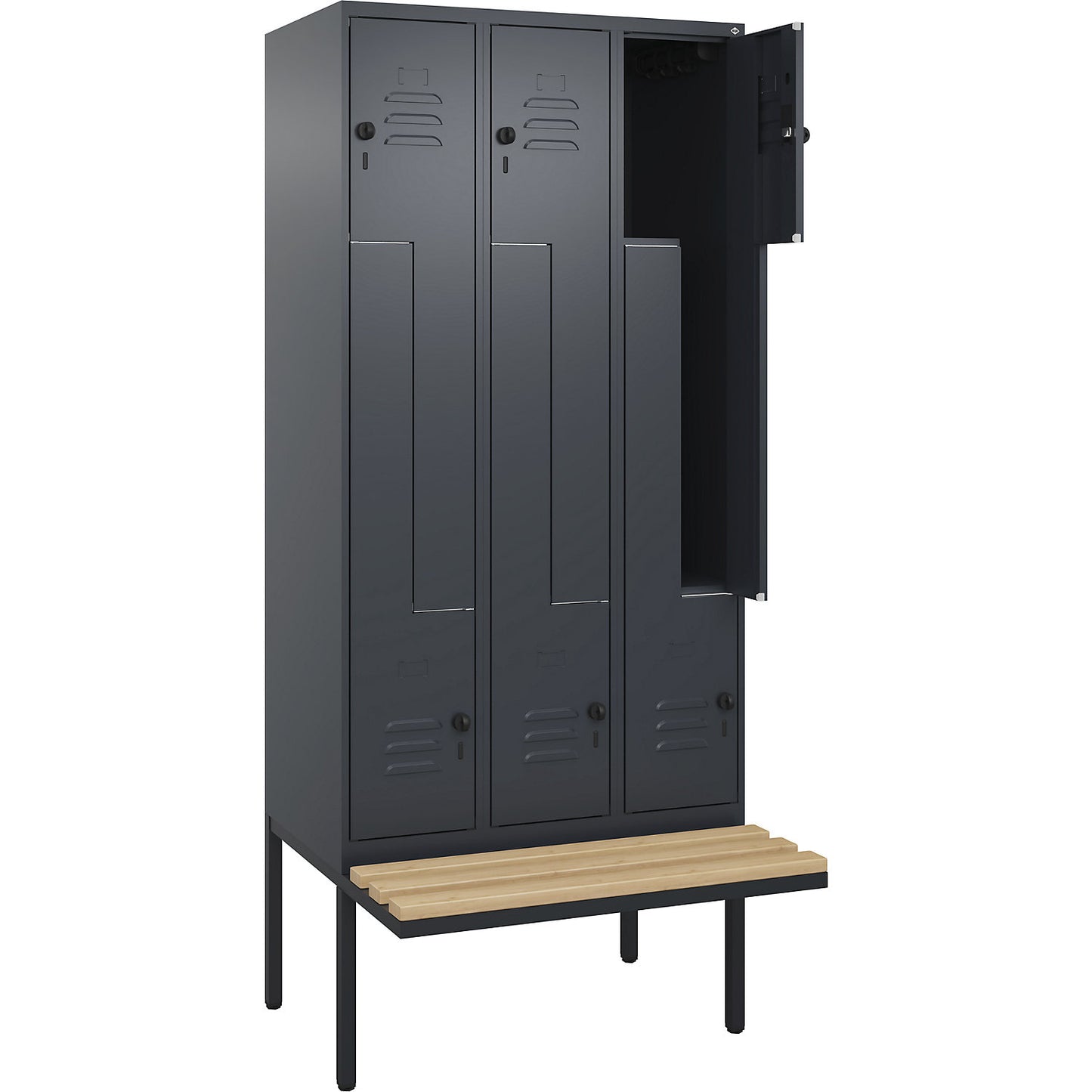 Classic PLUS bench seat Z locker, 3 compartments, grey, W 900 mm, security rotary bolt, cantilevered, beech hardwood.