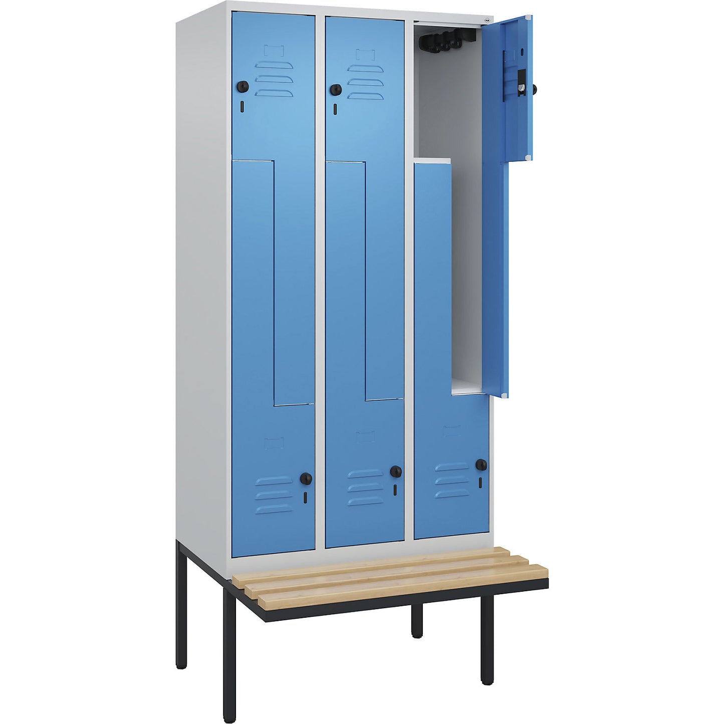 Classic PLUS bench seat Z locker, 3 compartments, light grey/light blue, W 900 mm, security rotary bolt, cantilevered, beech hardwood.