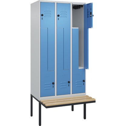 Classic PLUS bench seat Z locker, 3 compartments, light grey/light blue, W 900 mm, security rotary bolt, cantilevered, beech hardwood.