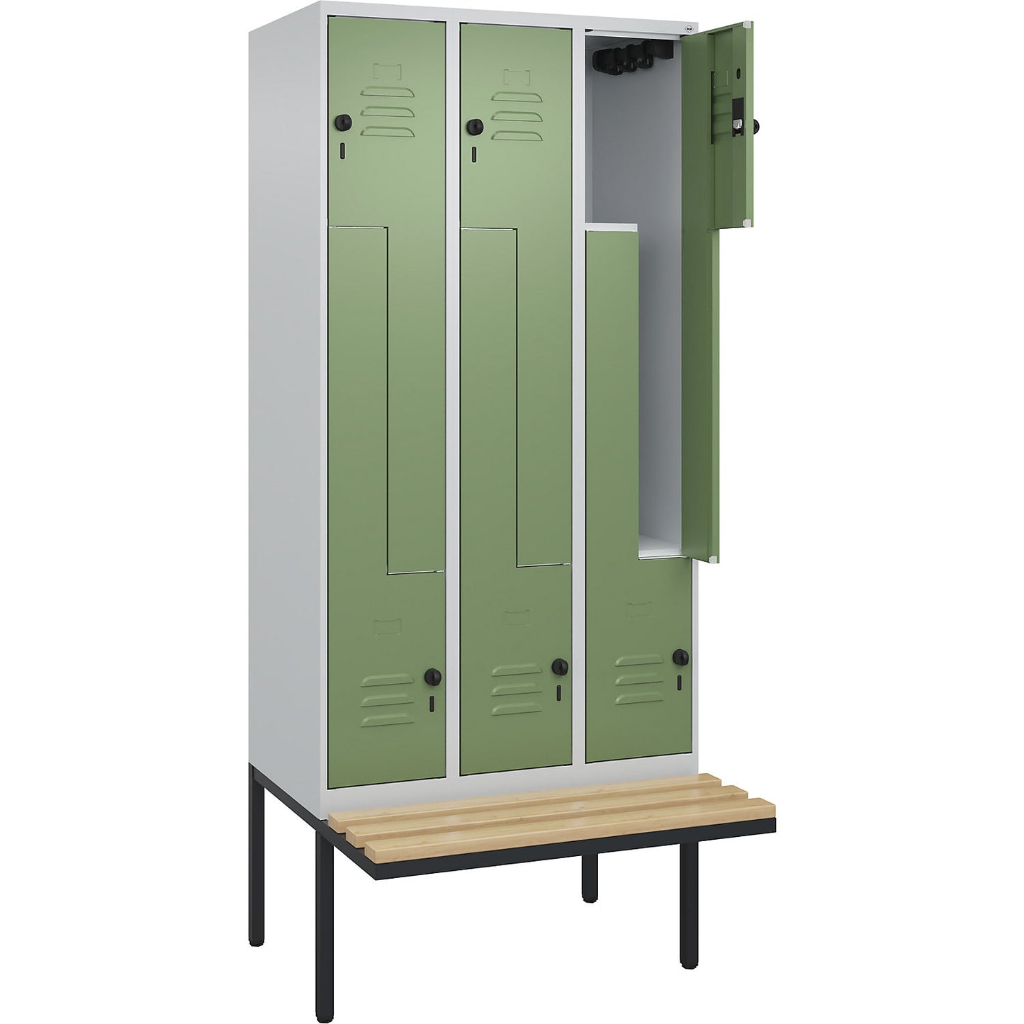 Classic PLUS bench seat Z locker, 3 compartments, light grey/reseda green, W 900 mm, security rotary bolt, cantilevered, beech hardwood.