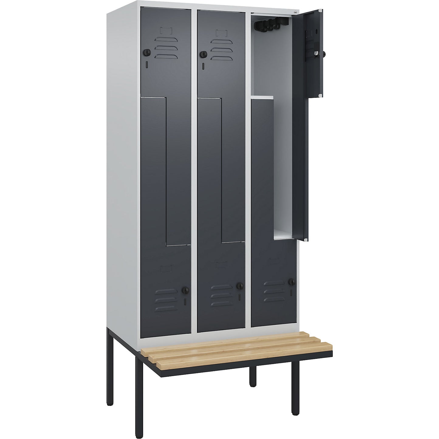 Classic PLUS bench seat Z locker, 3 compartments, light grey/grey, W 900 mm, security rotary bolt, cantilevered, beech hardwood.