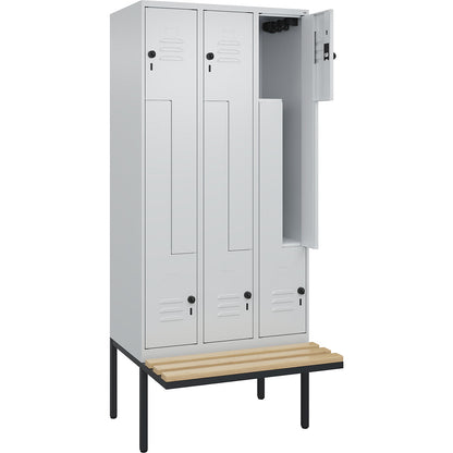 Classic PLUS bench seat Z locker, 3 compartments, light grey, W 900 mm, security rotary bolt, cantilevered, beech hardwood.