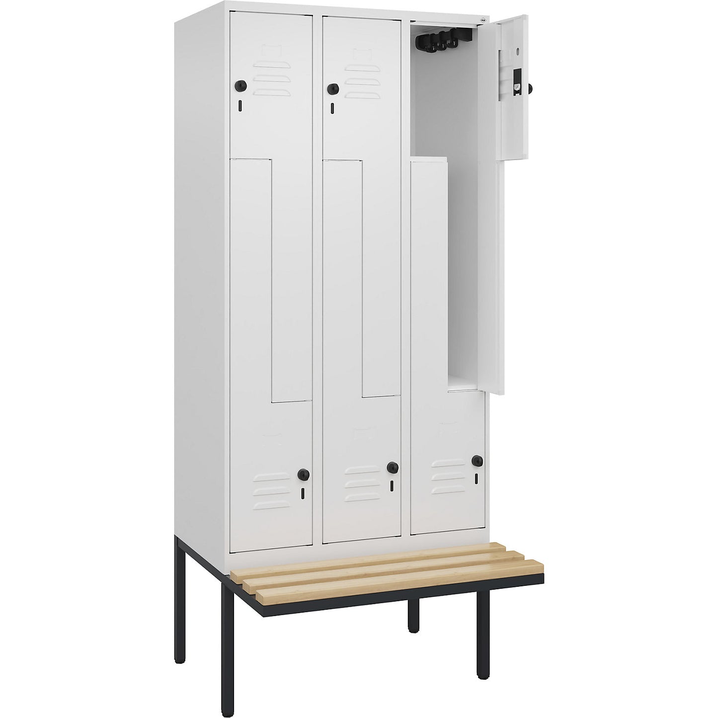Classic PLUS bench seat Z locker, 3 compartments, traffic white, W 900 mm, security rotary bolt, cantilevered, beech hardwood.