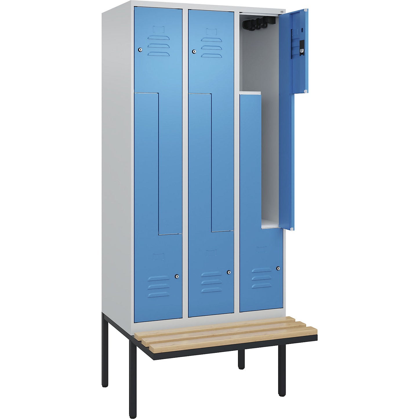 Classic PLUS bench seat Z locker, 3 compartments, light grey/light blue, W 900 mm, cylinder lock, cantilevered, beech hardwood.