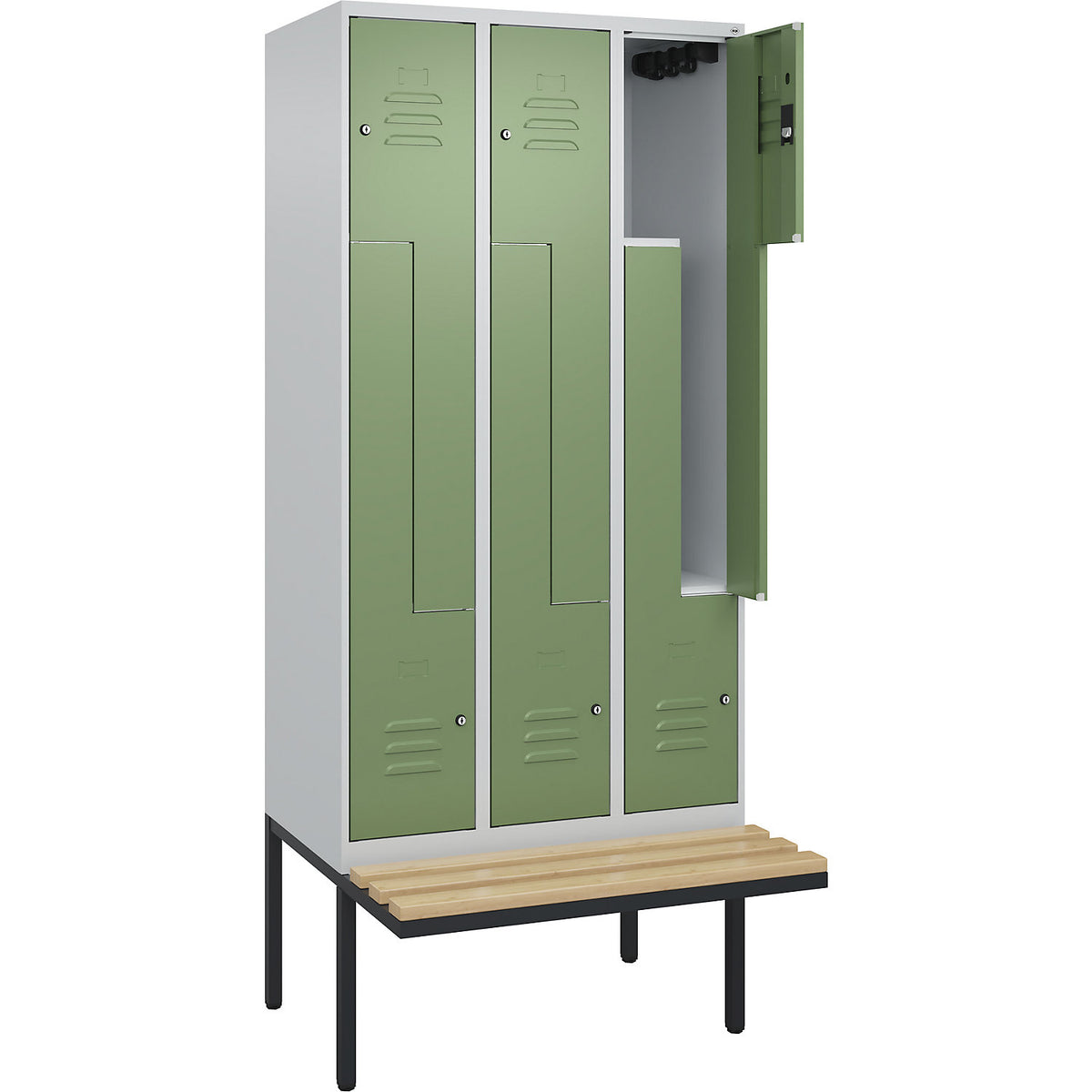 Classic PLUS bench seat Z locker, 3 compartments, light grey/reseda green, W 900 mm, cylinder lock, cantilevered, beech hardwood.