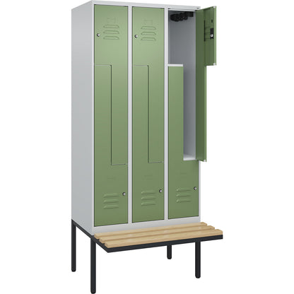 Classic PLUS bench seat Z locker, 3 compartments, light grey/reseda green, W 900 mm, cylinder lock, cantilevered, beech hardwood.