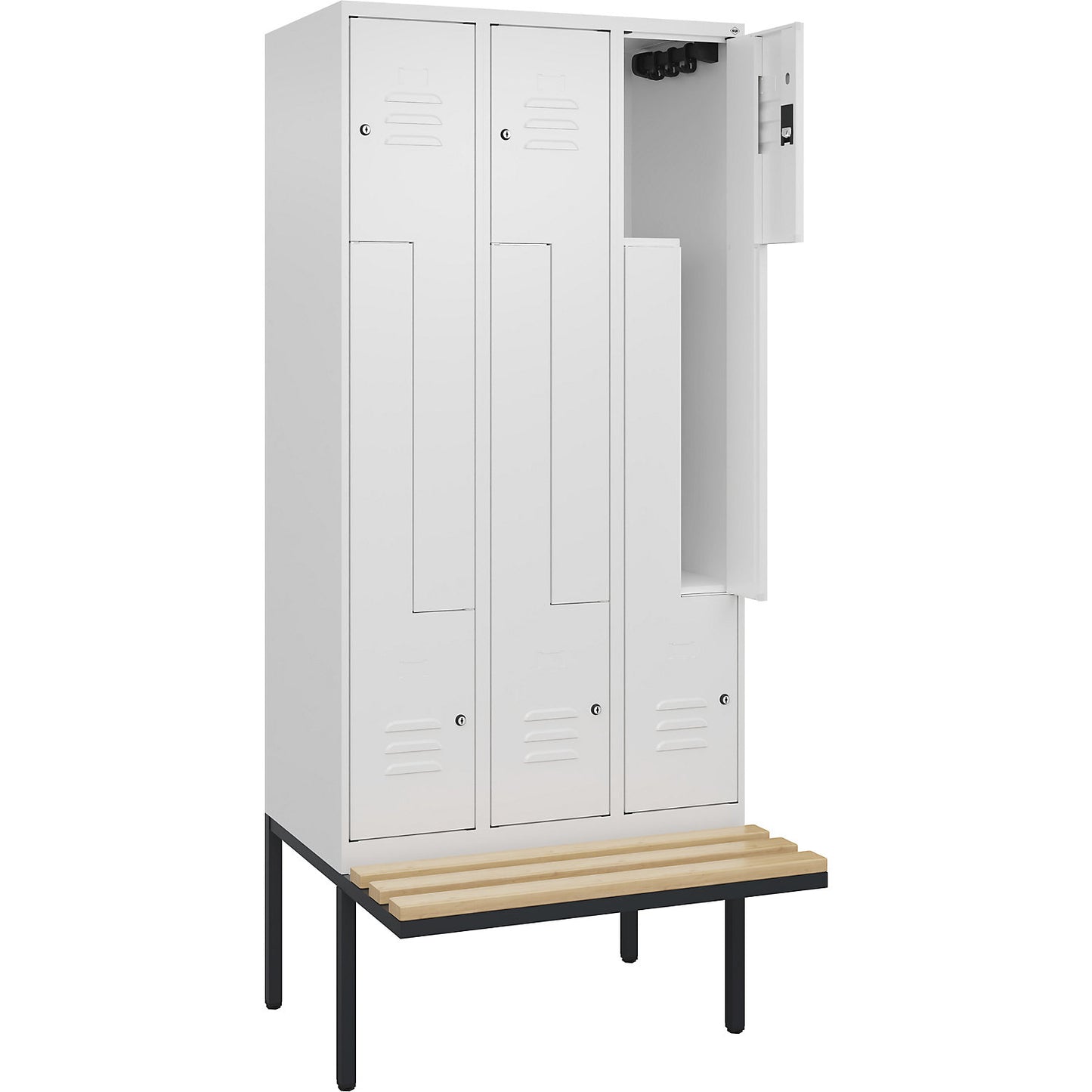 Classic PLUS bench seat Z locker, 3 compartments, traffic white, W 900 mm, cylinder lock, cantilevered, beech hardwood.