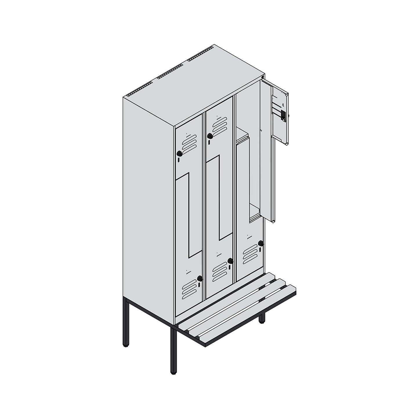 Classic PLUS bench seat Z locker, 3 compartments, light grey/reseda green, W 900 mm, security rotary bolt, cantilevered, beech hardwood.
