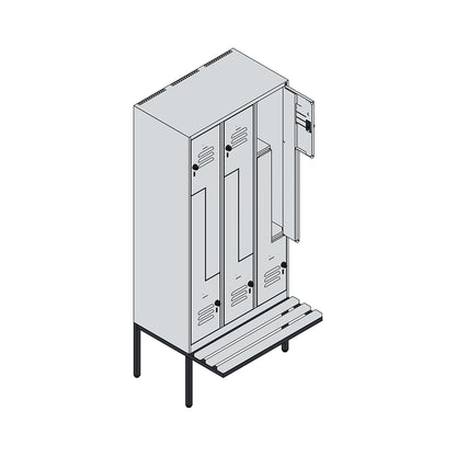 Classic PLUS bench seat Z locker, 3 compartments, grey, W 900 mm, security rotary bolt, cantilevered, beech hardwood.