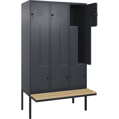 Classic PLUS bench seat Z locker, 3 compartments, grey, W 1200 mm, security rotary bolt, cantilevered, beech hardwood.