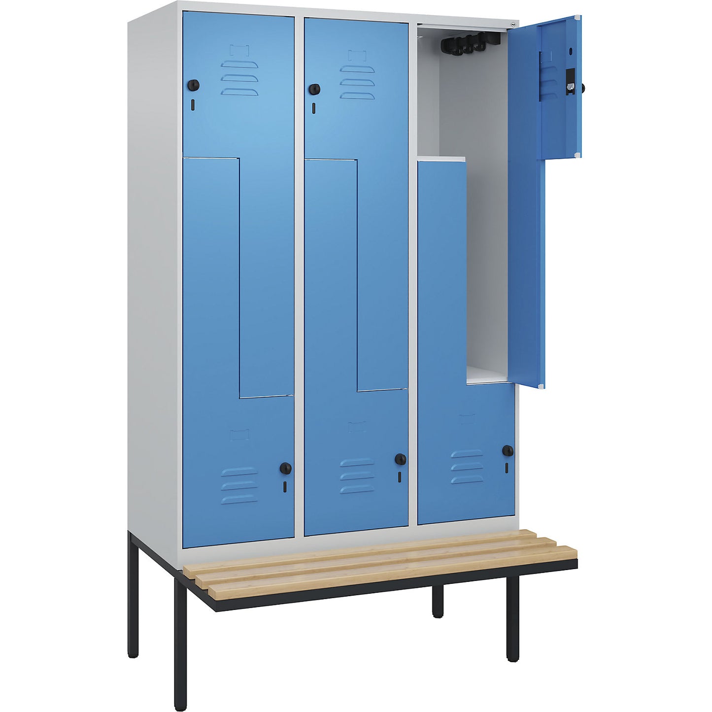 Classic PLUS bench seat Z locker, 3 compartments, light grey/light blue, W 1200 mm, security rotary bolt, cantilevered, beech hardwood.
