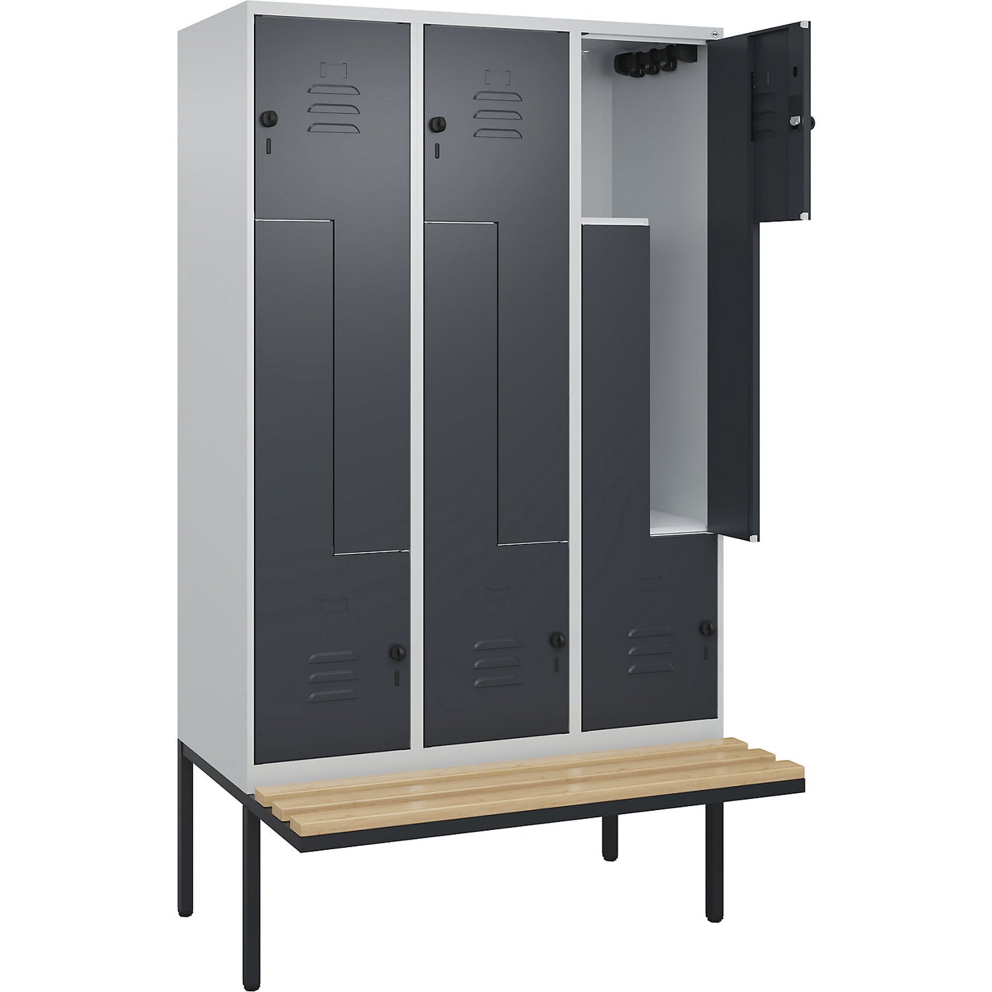 Classic PLUS bench seat Z locker, 3 compartments, light grey/grey, W 1200 mm, security rotary bolt, cantilevered, beech hardwood.
