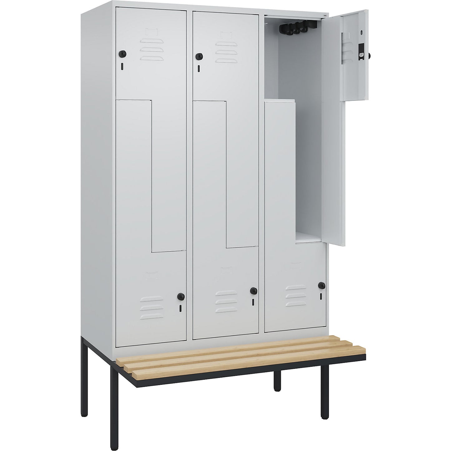 Classic PLUS bench seat Z locker, 3 compartments, light grey, W 1200 mm, security rotary bolt, cantilevered, beech hardwood.