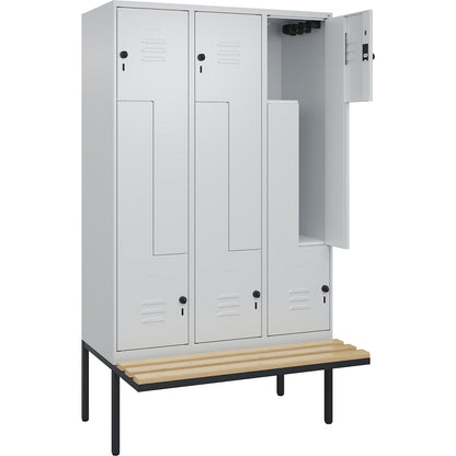 Classic PLUS bench seat Z locker, 3 compartments, light grey, W 1200 mm, security rotary bolt, cantilevered, beech hardwood.