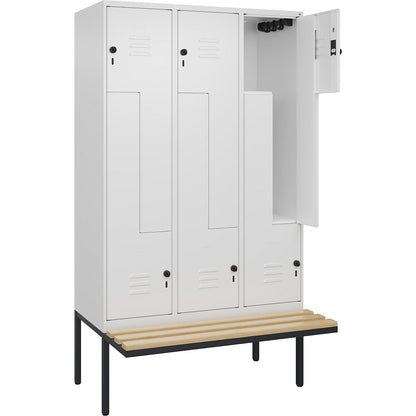 Classic PLUS bench seat Z locker, 3 compartments, traffic white, W 1200 mm, security rotary bolt, cantilevered, beech hardwood.