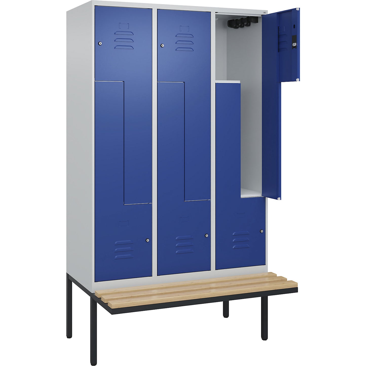 Classic PLUS bench seat Z locker, 3 compartments, light grey/gentian blue, W 1200 mm, cylinder lock, cantilevered, beech hardwood.