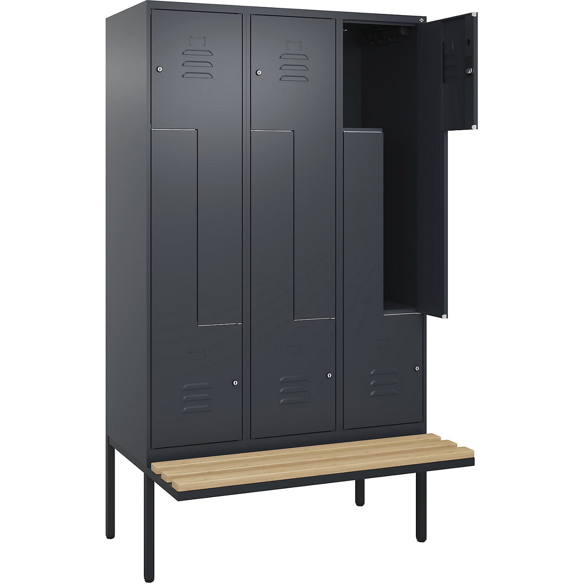 Classic PLUS bench seat Z locker, 3 compartments, grey, W 1200 mm, cylinder lock, cantilevered, beech hardwood.