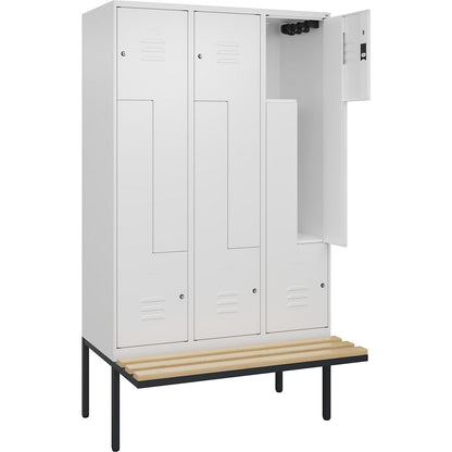 Classic PLUS bench seat Z locker, 3 compartments, traffic white, W 1200 mm, cylinder lock, cantilevered, beech hardwood.