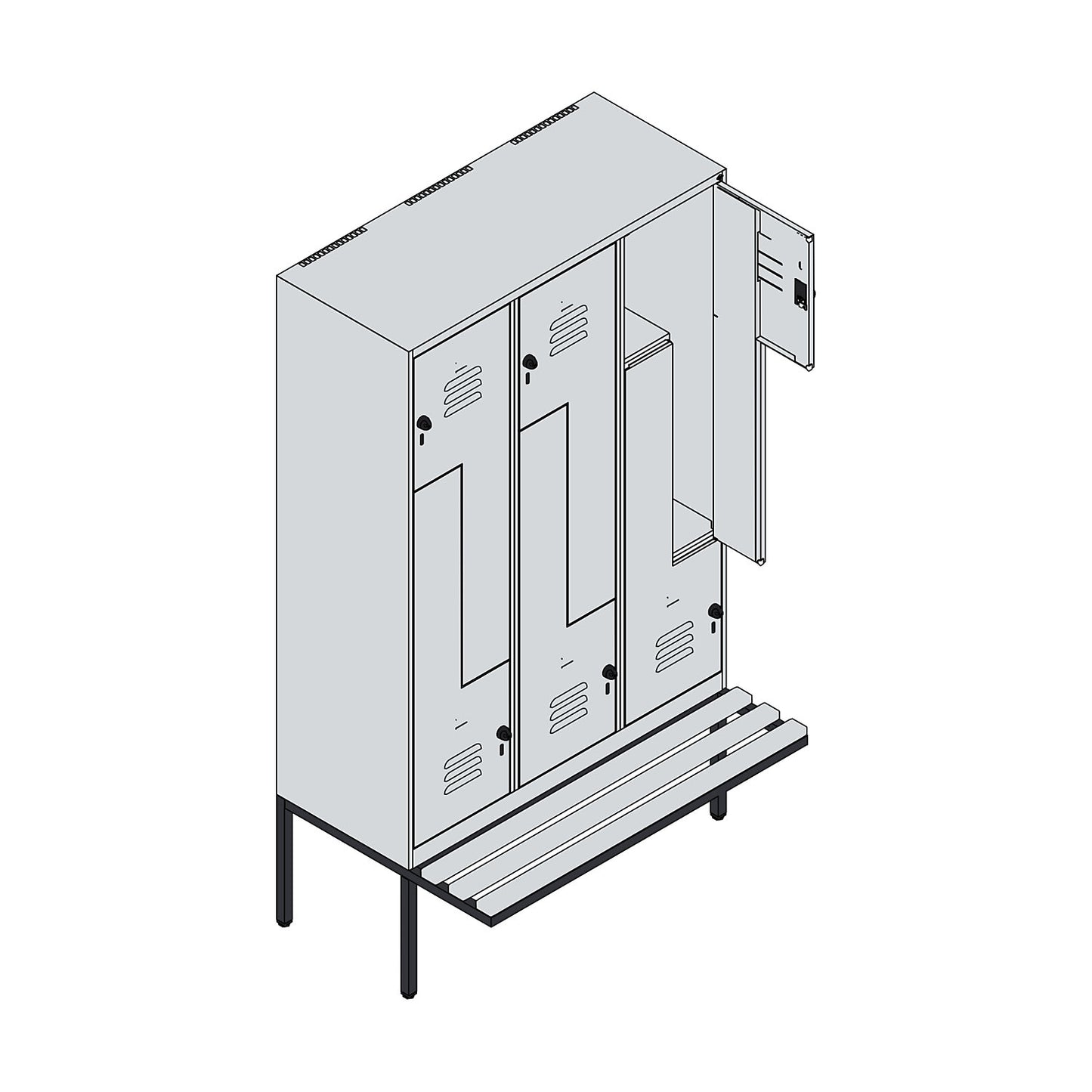 Classic PLUS bench seat Z locker, 3 compartments, light grey/light blue, W 1200 mm, security rotary bolt, cantilevered, beech hardwood.