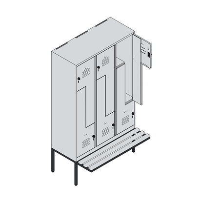 Classic PLUS bench seat Z locker, 3 compartments, light grey, W 1200 mm, security rotary bolt, cantilevered, beech hardwood.