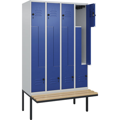 Classic PLUS bench seat Z locker, 4 compartments, light grey/gentian blue, W 1200 mm, security rotary bolt, cantilevered, beech hardwood.