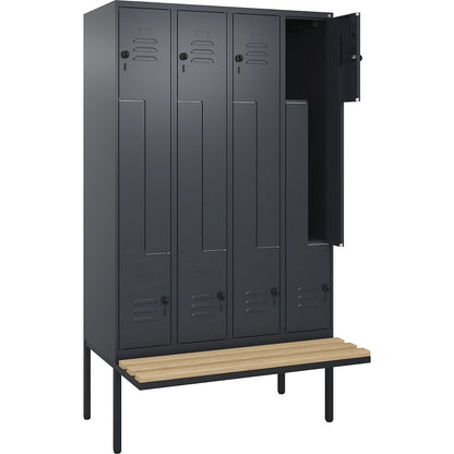 Classic PLUS bench seat Z locker, 4 compartments, grey, W 1200 mm, security rotary bolt, cantilevered, beech hardwood.