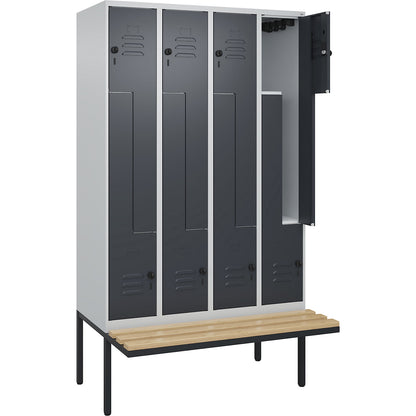Classic PLUS bench seat Z locker, 4 compartments, light grey/grey, W 1200 mm, security rotary bolt, cantilevered, beech hardwood.