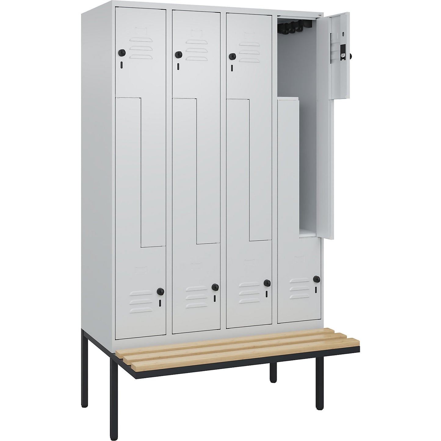 Classic PLUS bench seat Z locker, 4 compartments, light grey, W 1200 mm, security rotary bolt, cantilevered, beech hardwood.