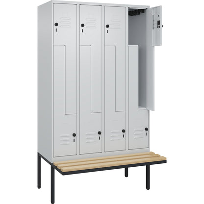 Classic PLUS bench seat Z locker, 4 compartments, light grey, W 1200 mm, security rotary bolt, cantilevered, beech hardwood.
