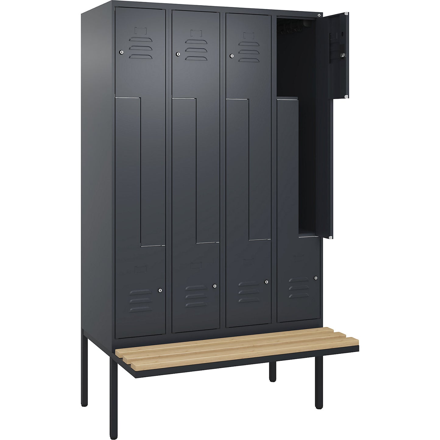 Classic PLUS bench seat Z locker, 4 compartments, grey, W 1200 mm, cylinder lock, cantilevered, beech hardwood.