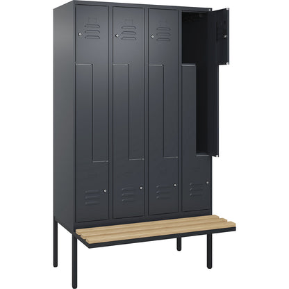 Classic PLUS bench seat Z locker, 4 compartments, grey, W 1200 mm, cylinder lock, cantilevered, beech hardwood.