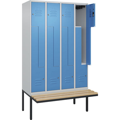 Classic PLUS bench seat Z locker, 4 compartments, light grey/light blue, W 1200 mm, cylinder lock, cantilevered, beech hardwood.