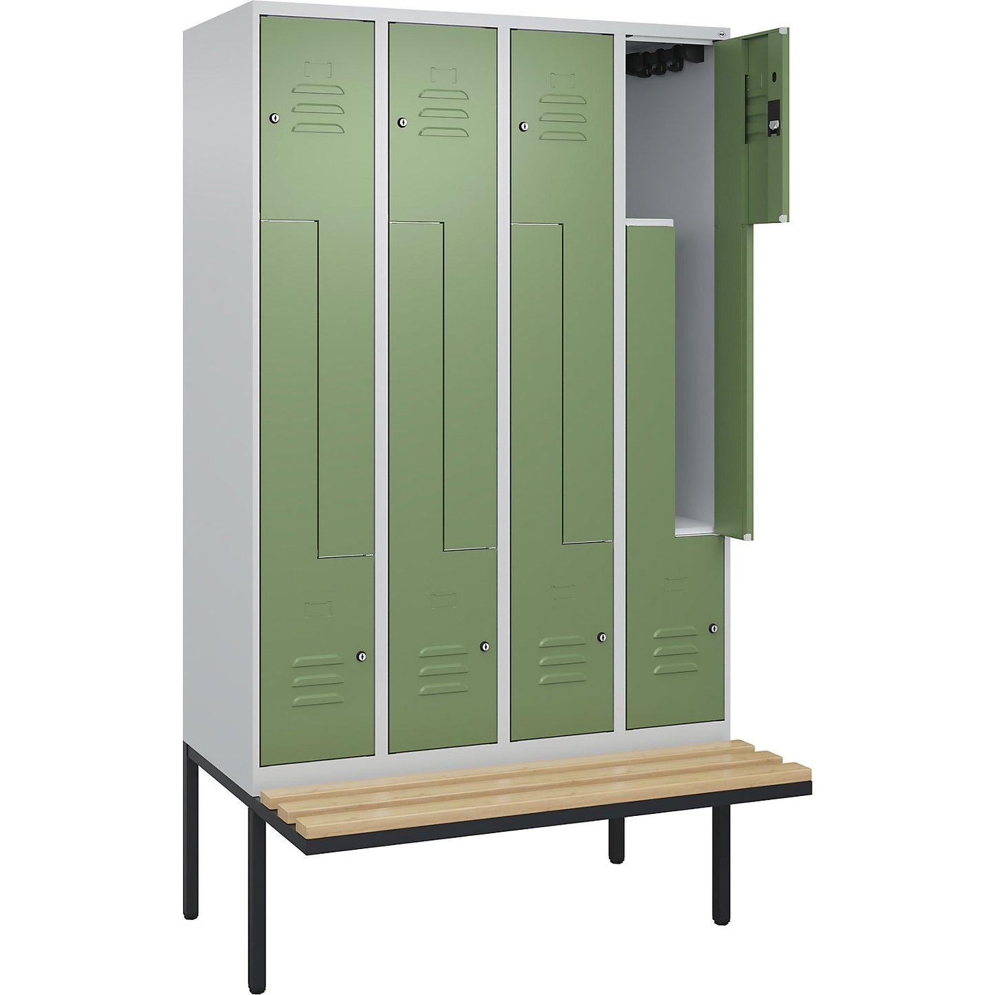 Classic PLUS bench seat Z locker, 4 compartments, light grey/reseda green, W 1200 mm, cylinder lock, cantilevered, beech hardwood.
