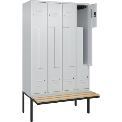 Classic PLUS bench seat Z locker, 4 compartments, light grey, W 1200 mm, cylinder lock, cantilevered, beech hardwood.