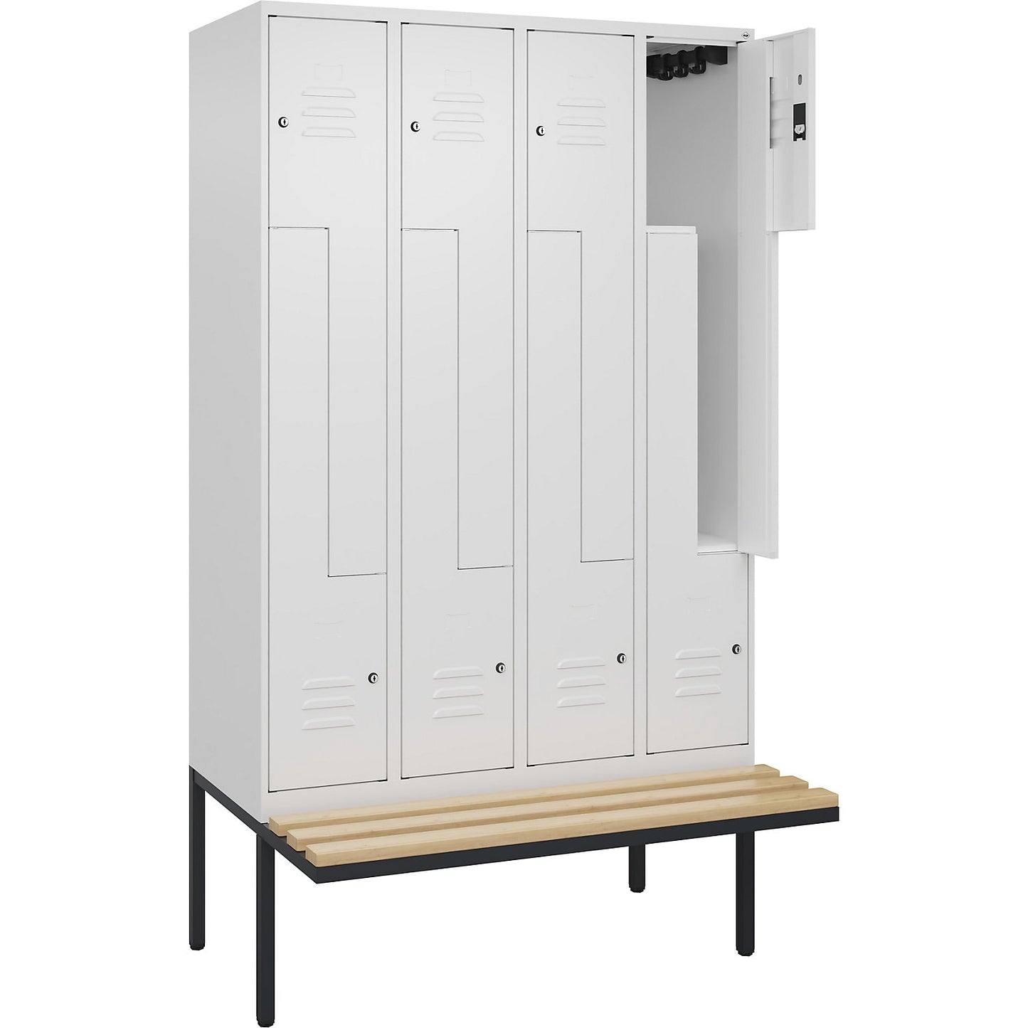 Classic PLUS bench seat Z locker, 4 compartments, traffic white, W 1200 mm, cylinder lock, cantilevered, beech hardwood.