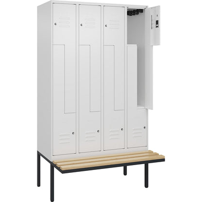 Classic PLUS bench seat Z locker, 4 compartments, traffic white, W 1200 mm, cylinder lock, cantilevered, beech hardwood.