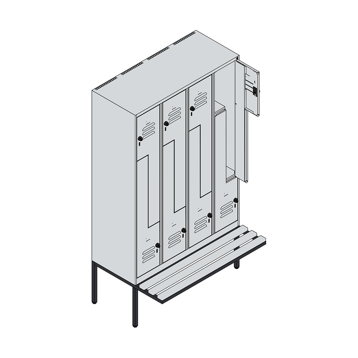 Classic PLUS bench seat Z locker, 4 compartments, light grey/reseda green, W 1200 mm, security rotary bolt, cantilevered, beech hardwood.