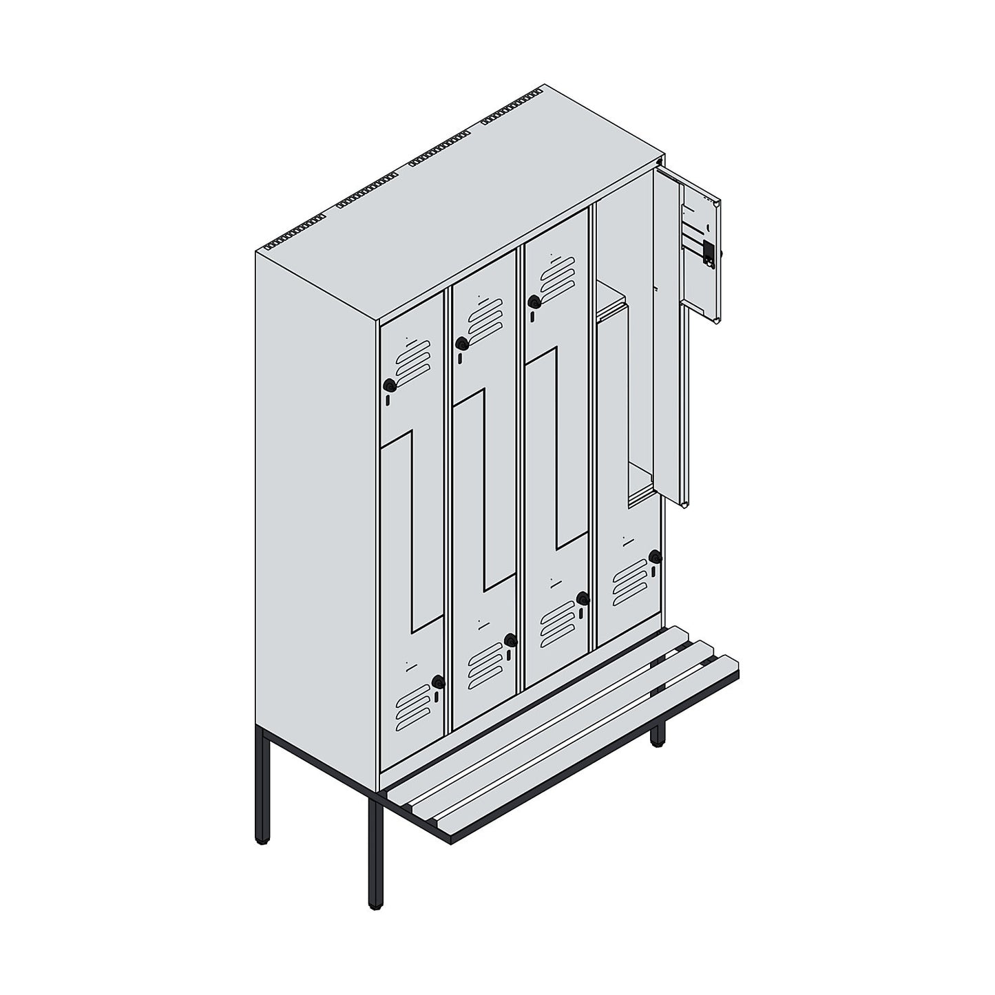 Classic PLUS bench seat Z locker, 4 compartments, light grey/grey, W 1200 mm, security rotary bolt, cantilevered, beech hardwood.