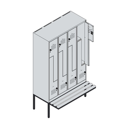 Classic PLUS bench seat Z locker, 4 compartments, light grey/grey, W 1200 mm, security rotary bolt, cantilevered, beech hardwood.