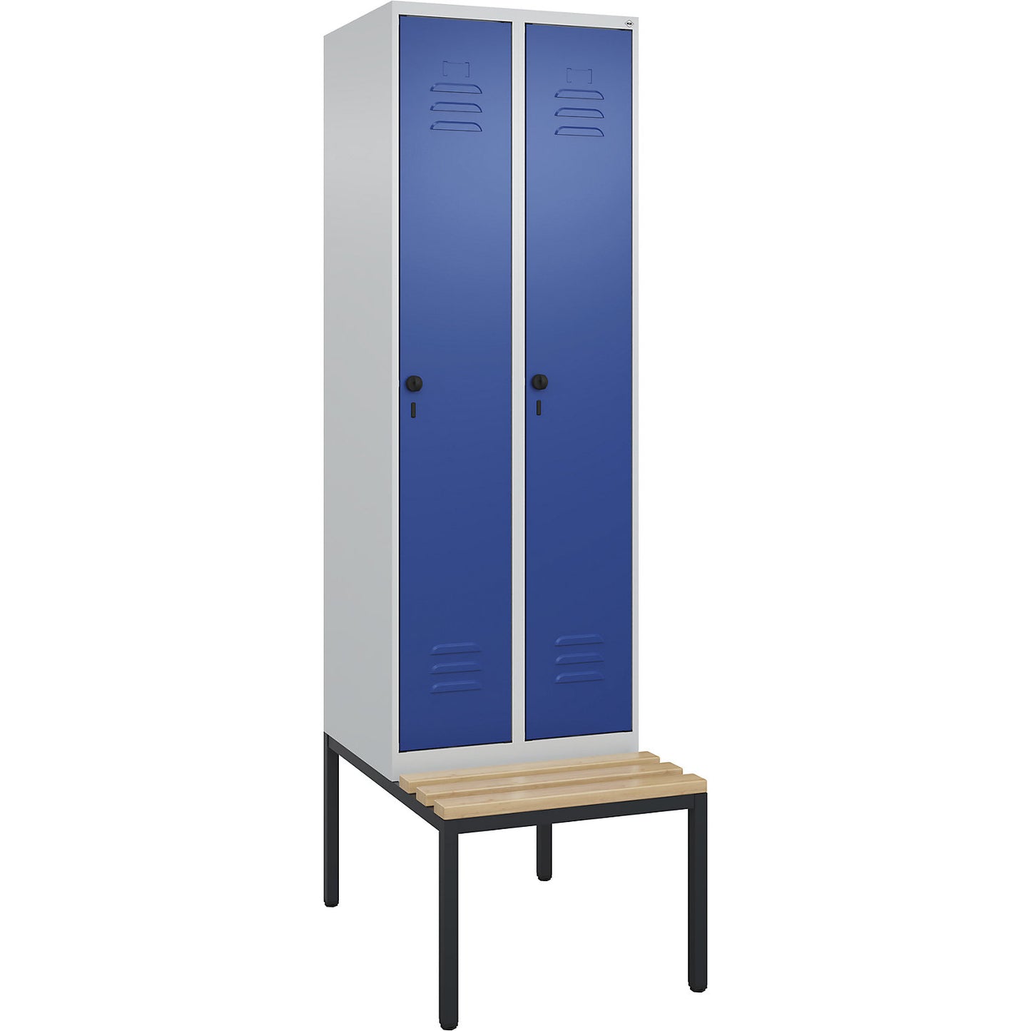 Classic PLUS clean and dirty bench seat clothes locker, narrow, 2 compartments, shortened centre divider, light grey/gentian blue, W 600 mm, security rotary bolt, base frame, beech hardwood.