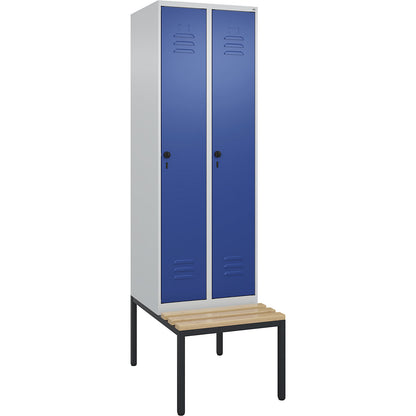 Classic PLUS clean and dirty bench seat clothes locker, narrow, 2 compartments, shortened centre divider, light grey/gentian blue, W 600 mm, security rotary bolt, base frame, beech hardwood.