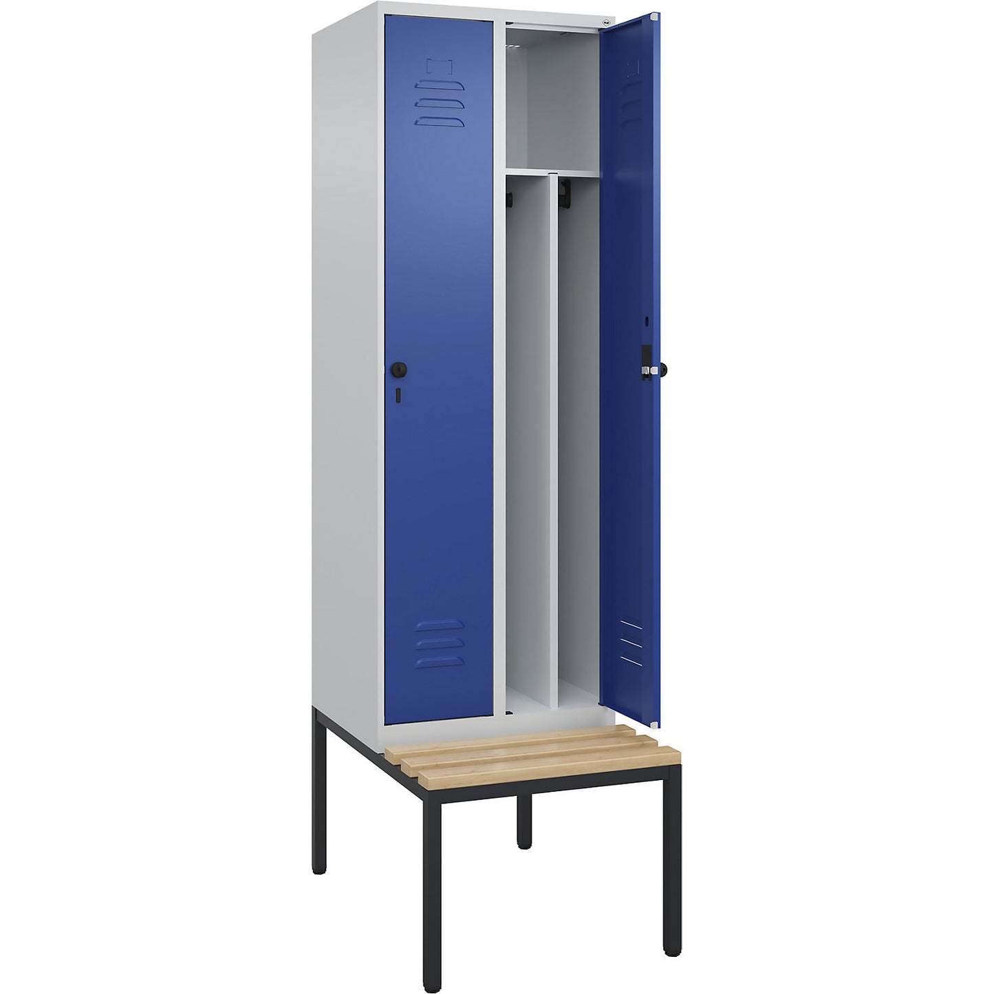Classic PLUS clean and dirty bench seat clothes locker, narrow, 2 compartments, shortened centre divider, light grey/gentian blue, W 600 mm, security rotary bolt, base frame, beech hardwood.