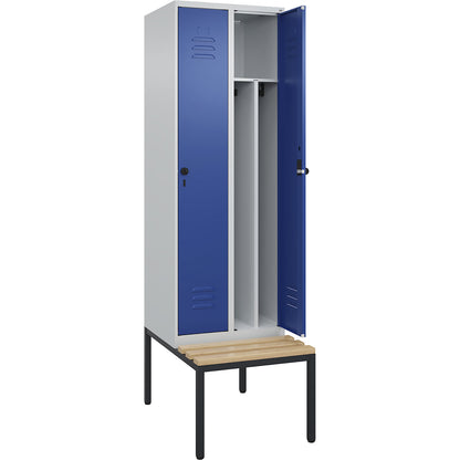 Classic PLUS clean and dirty bench seat clothes locker, narrow, 2 compartments, shortened centre divider, light grey/gentian blue, W 600 mm, security rotary bolt, base frame, beech hardwood.