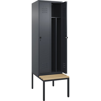 Classic PLUS clean and dirty bench seat clothes locker, narrow, 2 compartments, shortened centre divider, grey, W 600 mm, security rotary bolt, base frame, beech hardwood.