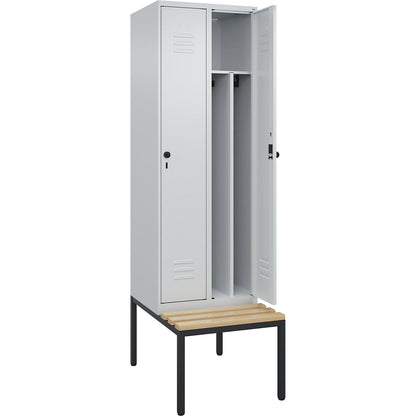 Classic PLUS clean and dirty bench seat clothes locker, narrow, 2 compartments, shortened centre divider, light grey, W 600 mm, security rotary bolt, base frame, beech hardwood.